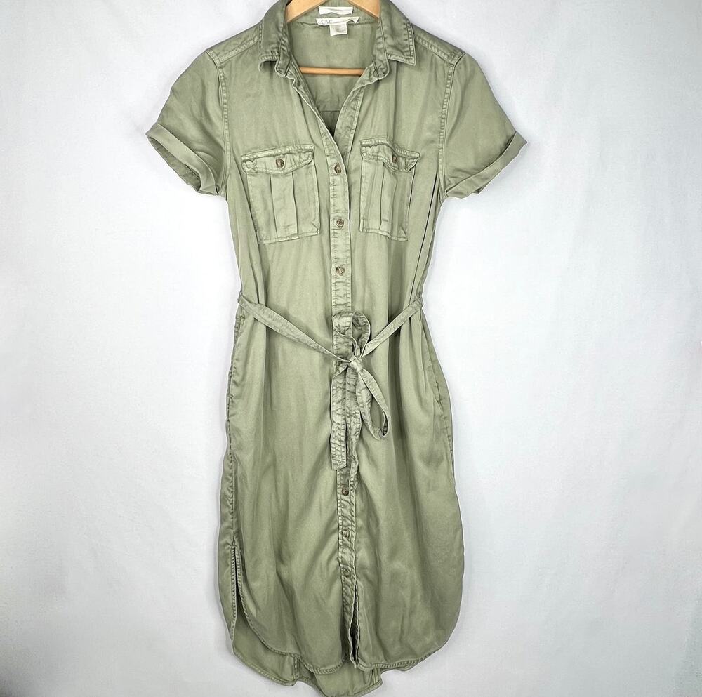 C&C California Army Green Lyocell Belted Shirt Dress Small